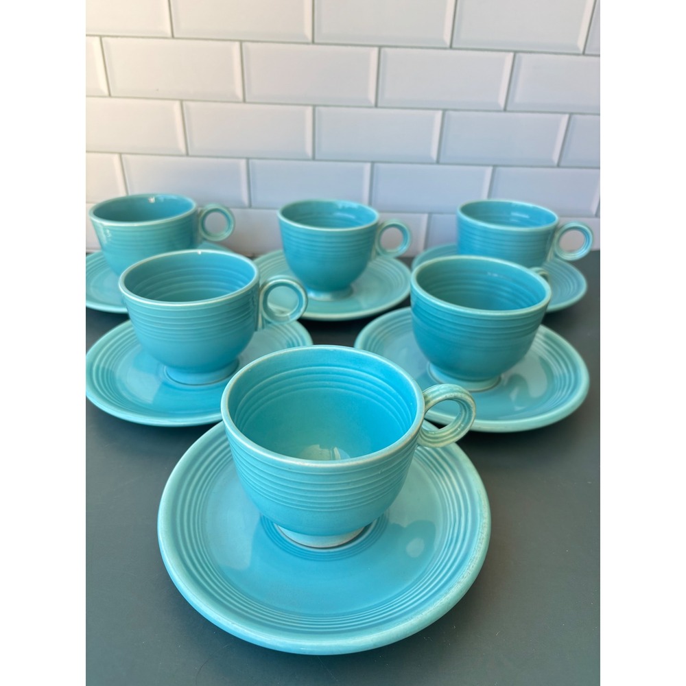 Vintage Fiesta Turquoise Tea Cup and Saucer Set of 6 Homer Laughlin USA Ceramic